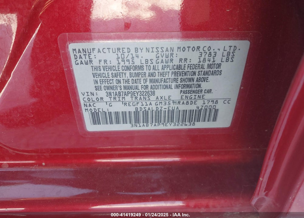 2014 NISSAN SENTRA SV VIN: 3N1AB7AP9EY322638