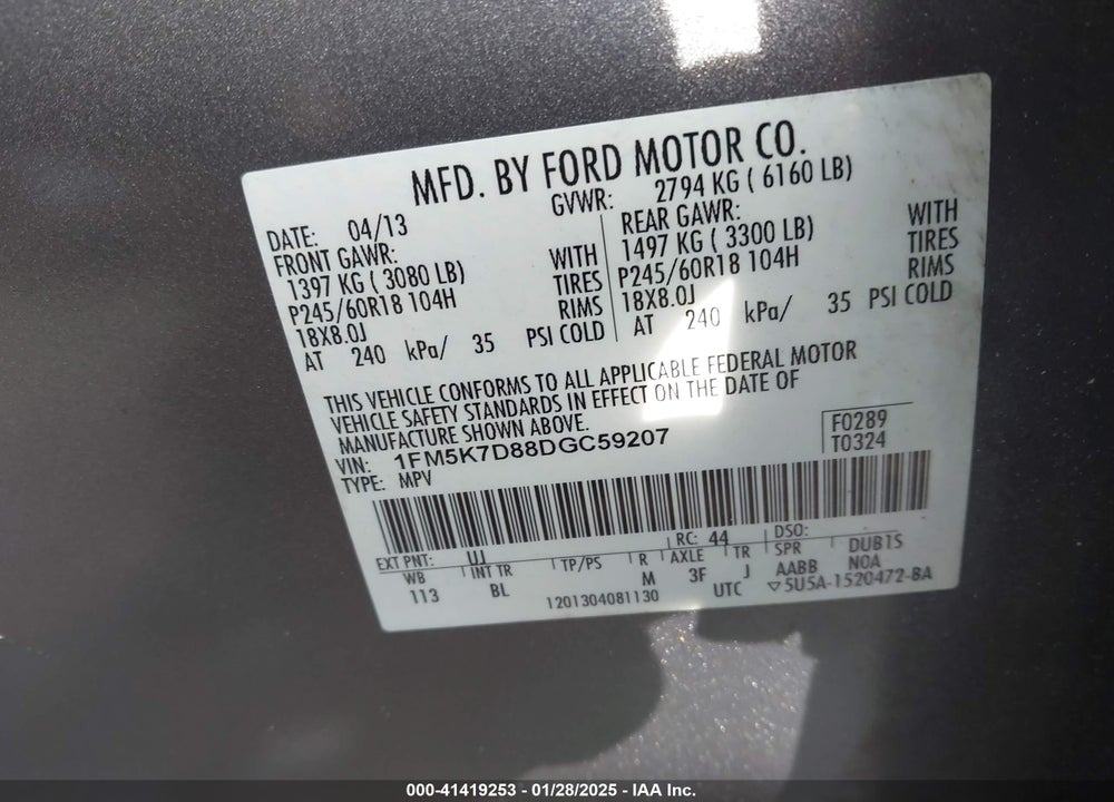 2013 FORD EXPLORER XLT VIN: 1FM5K7D88DGC59207