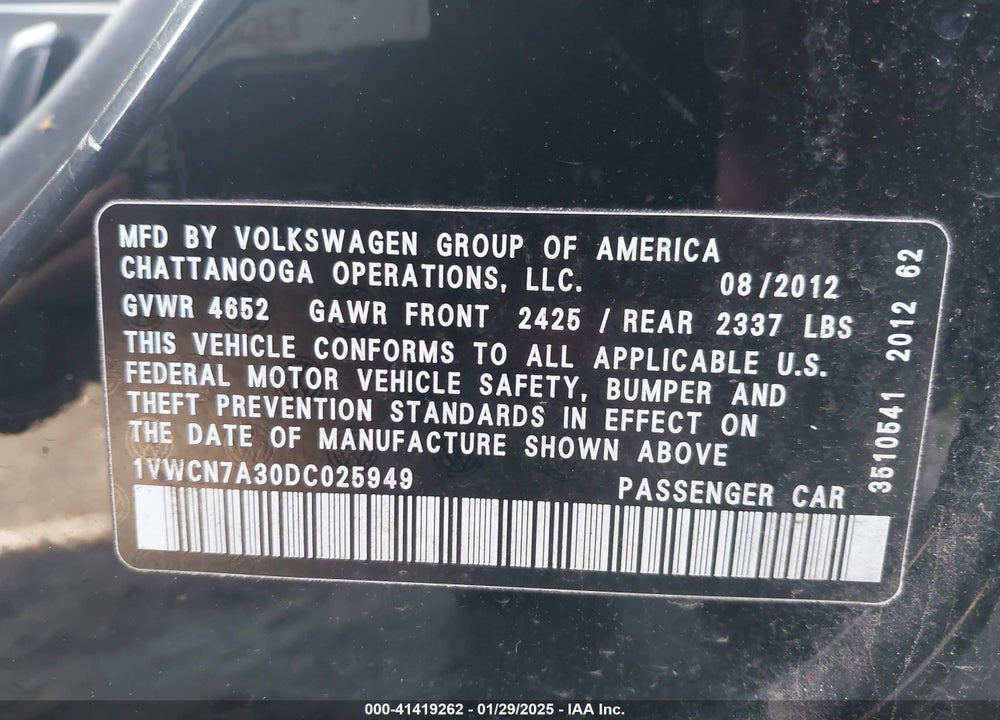 2013 VOLKSWAGEN PASSAT VIN: 1VWCN7A30DC025949