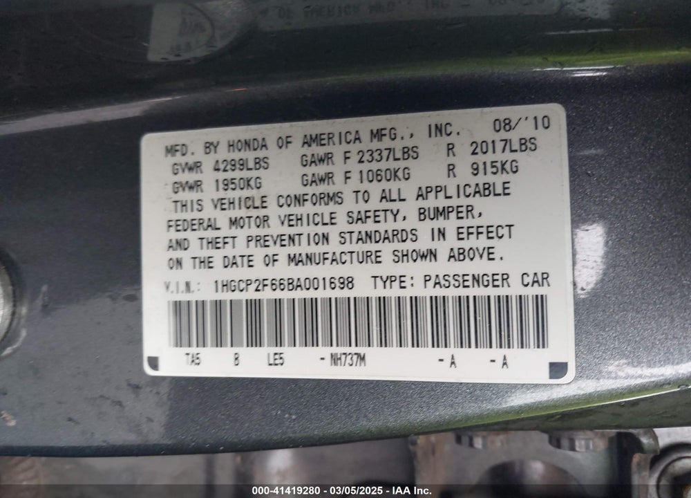 2011 HONDA ACCORD VIN: 1HGCP2F66BA001698