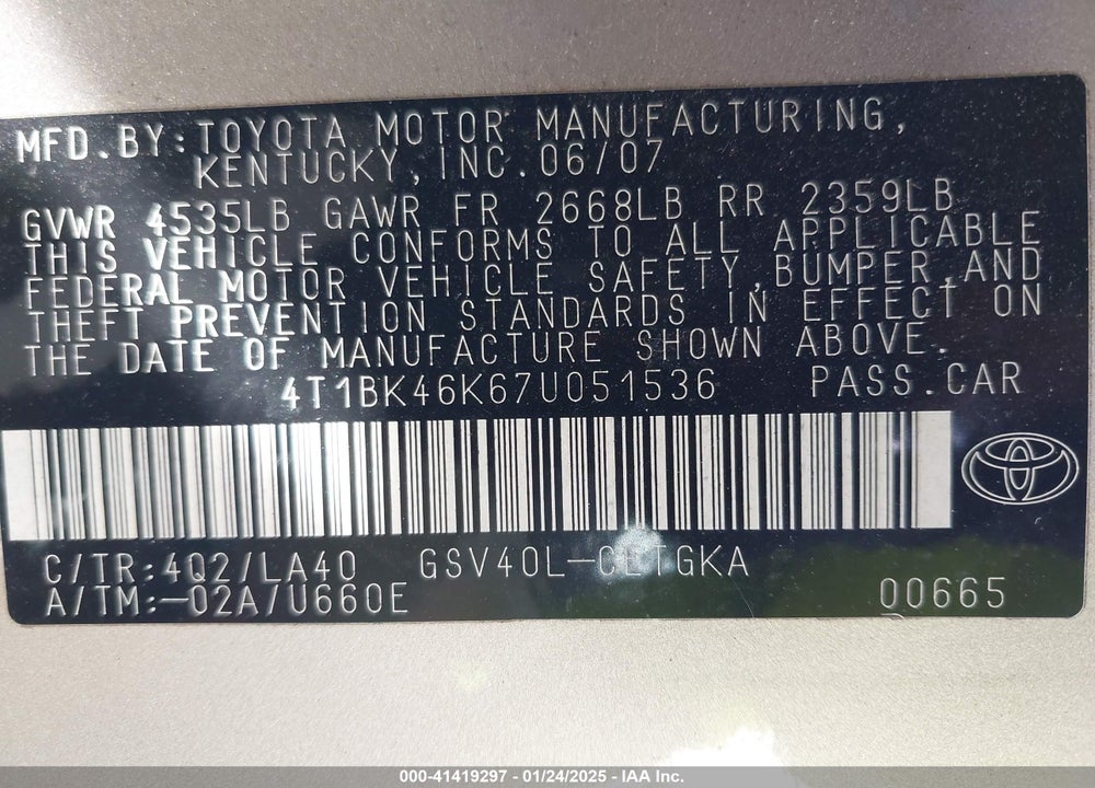 2007 TOYOTA CAMRY VIN: 4T1BK46K67U051536
