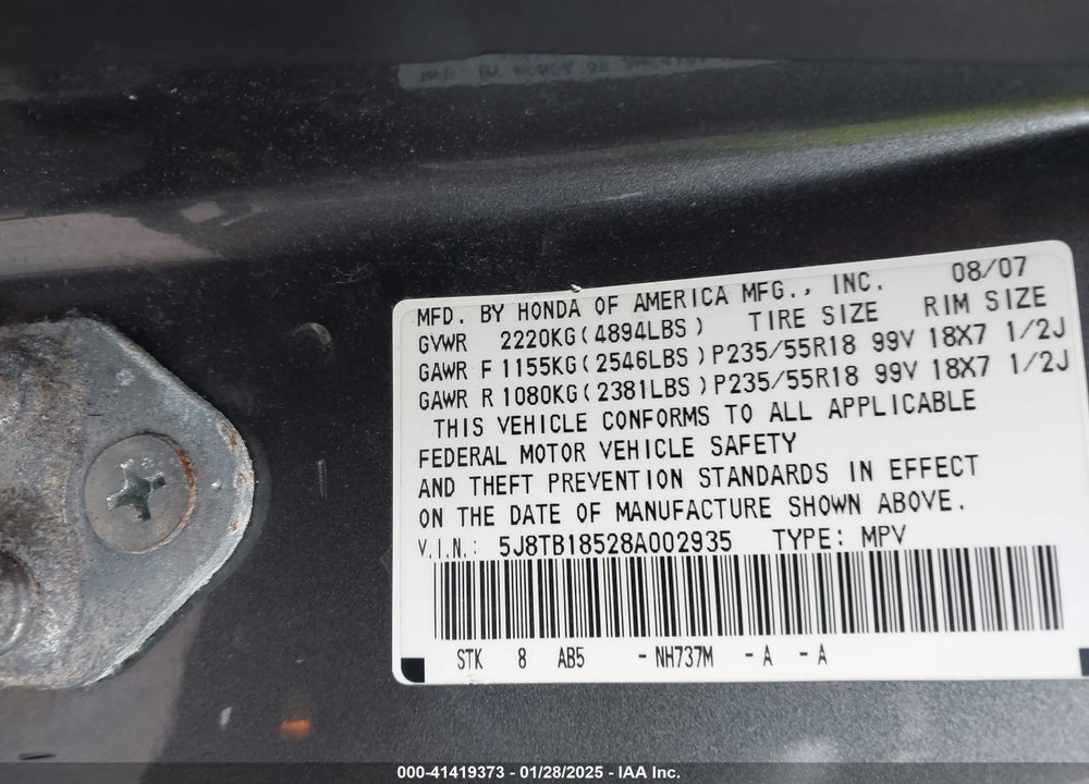 2008 ACURA RDX VIN: 5J8TB18528A002935