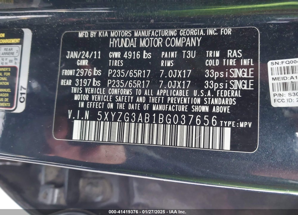 2011 HYUNDAI SANTA FE GLS VIN: 5XYZG3AB1BG037656