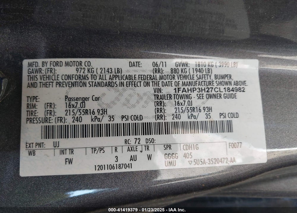 2012 FORD FOCUS VIN: 1FAHP3H27CL184982