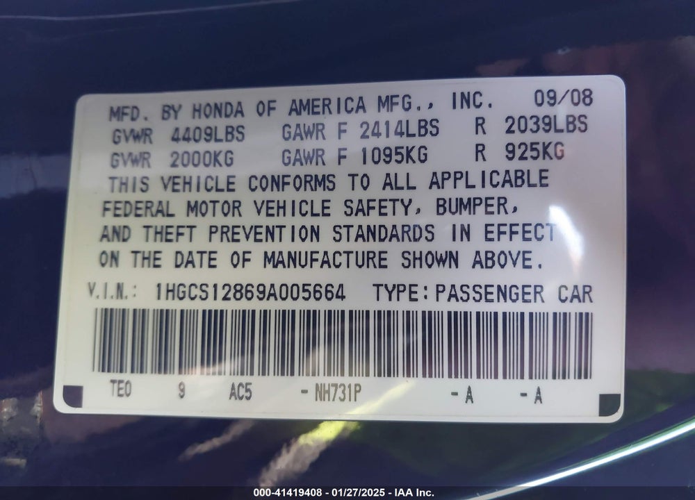 2009 HONDA ACCORD VIN: 1HGCS12869A005664