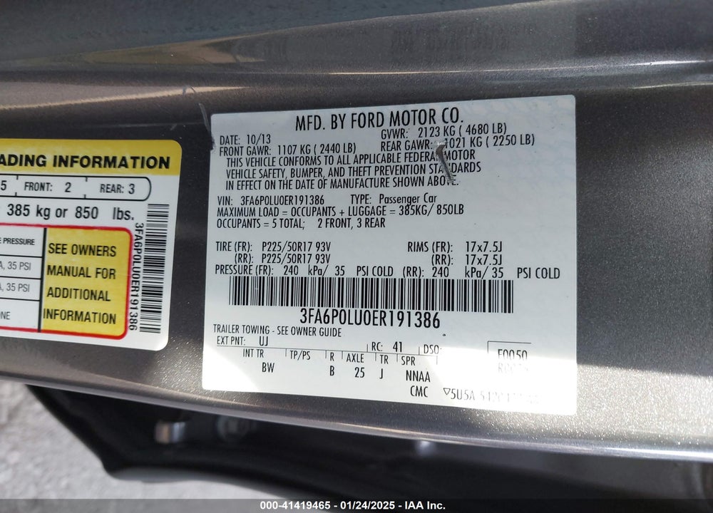 2014 FORD FUSION HYBRID VIN: 3FA6P0LU0ER191386