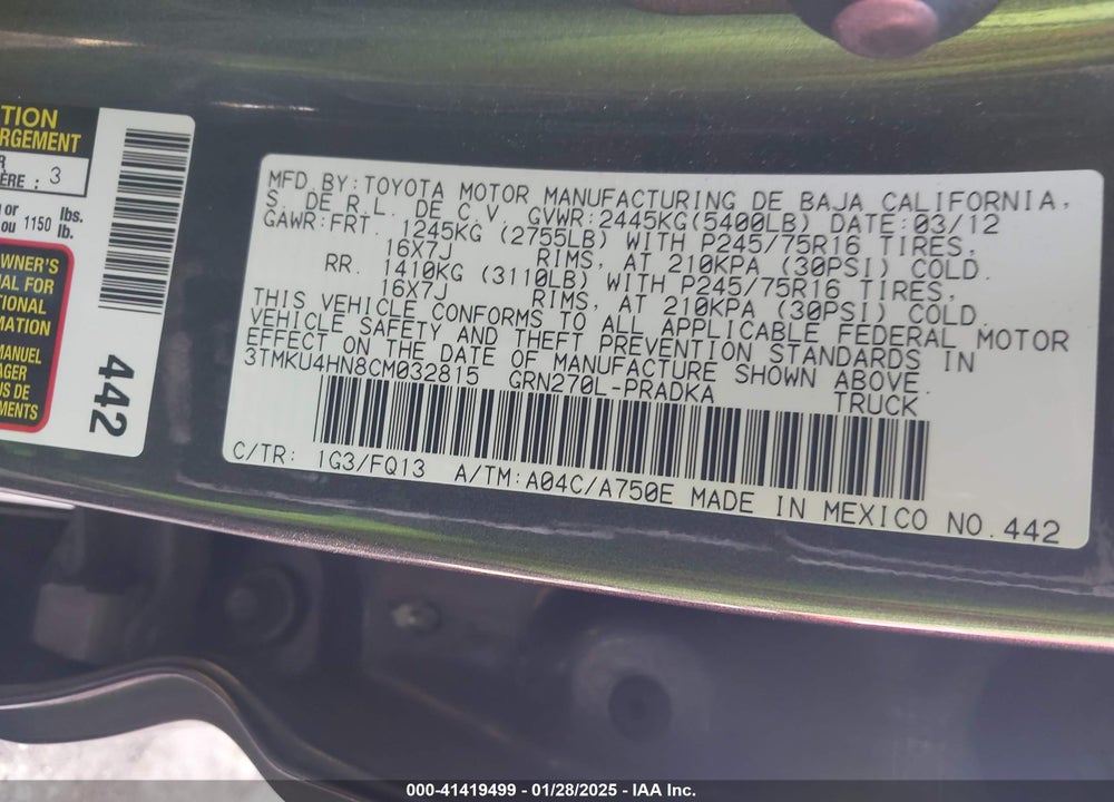 2012 TOYOTA TACOMA DBL CAB PRERUNNER LNG BED VIN: 3TMKU4HN8CM032815
