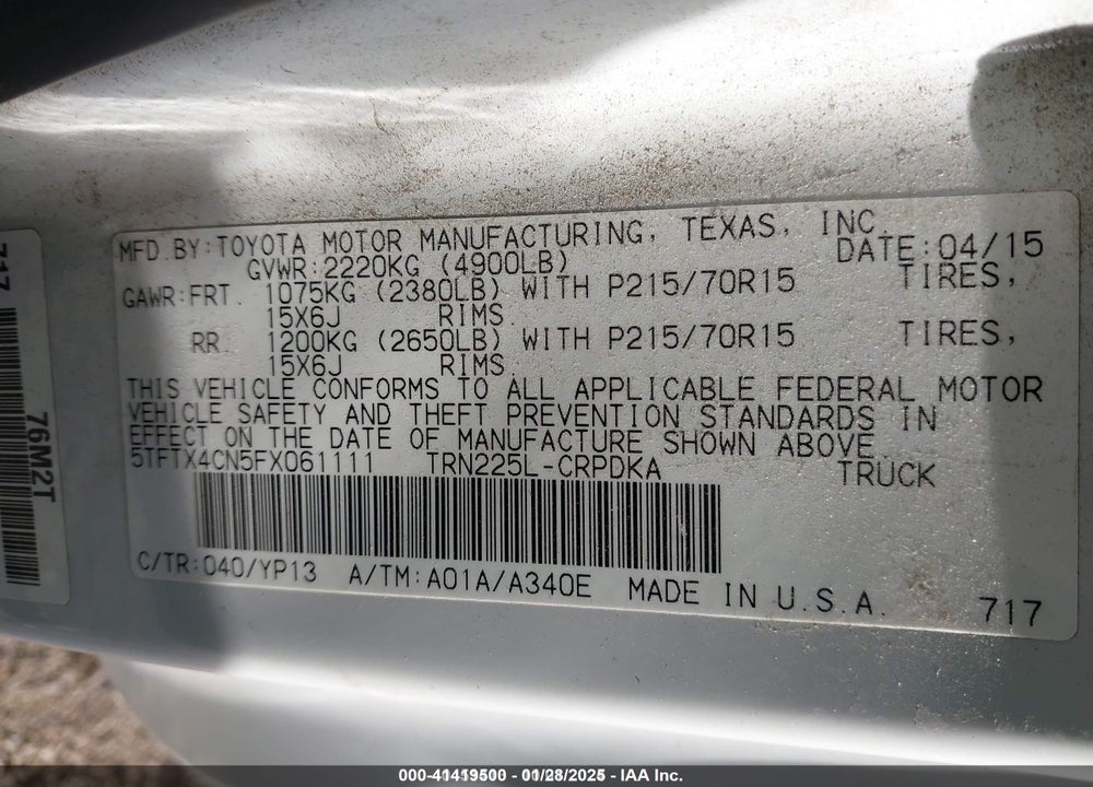 2015 TOYOTA TACOMA VIN: 5TFTX4CN5FX061111