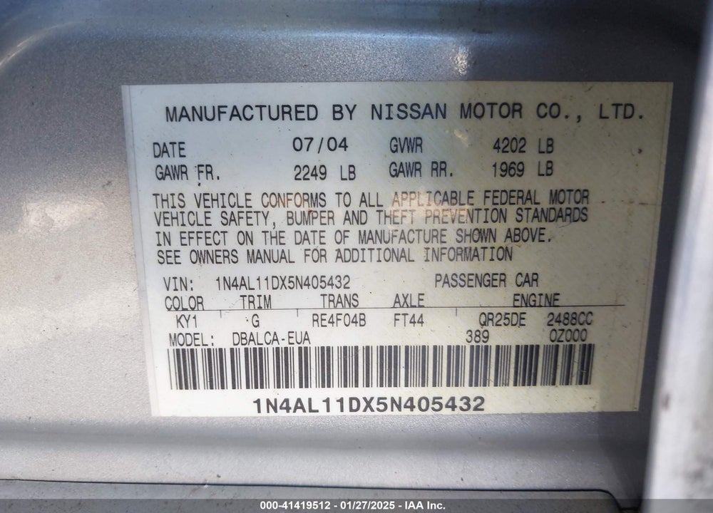 2005 NISSAN ALTIMA 2.5 S VIN: 1N4AL11DX5N405432