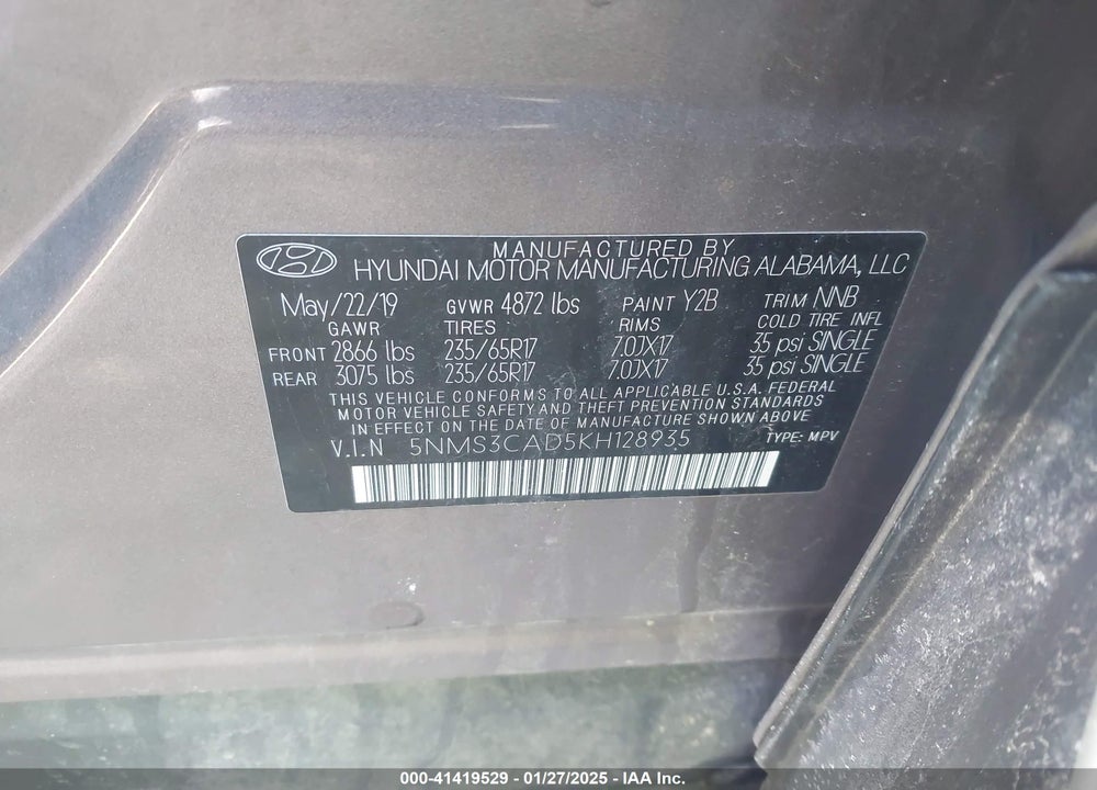 2019 HYUNDAI SANTA FE SEL VIN: 5NMS3CAD5KH128935