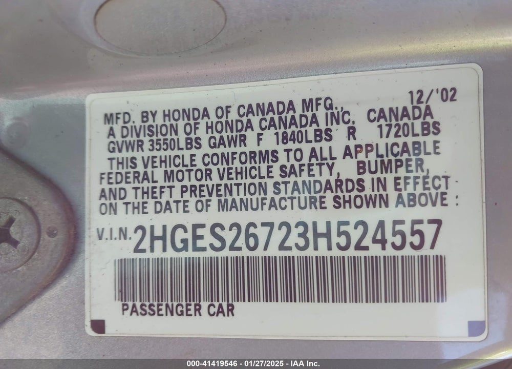 2003 HONDA CIVIC VIN: 2HGES26723H524557