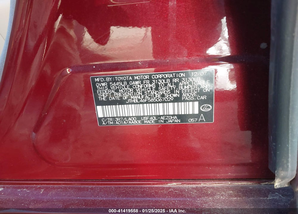 2008 LEXUS LS 460 VIN: JTHBL46F585067029