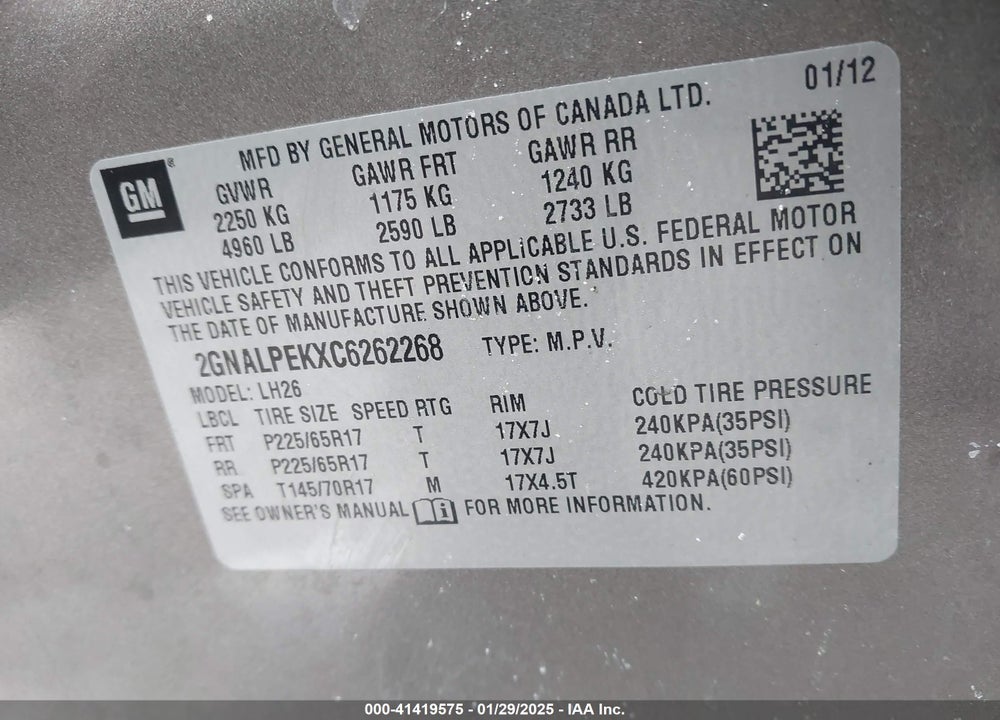 2012 CHEVROLET EQUINOX 2LT VIN: 2GNALPEKXC6262268