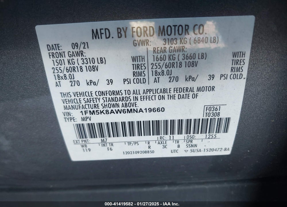 2021 FORD POLICE INTERCEPTOR VIN: 1FM5K8AW6MNA19660