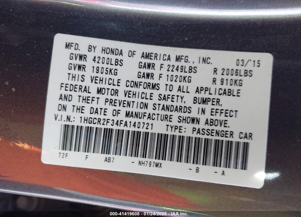 2015 HONDA ACCORD LX VIN: 1HGCR2F34FA140721