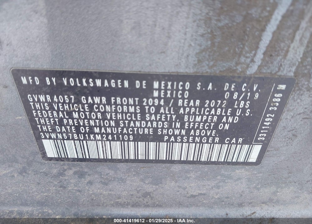 2019 VOLKSWAGEN JETTA VIN: 3VWN57BU1KM241109