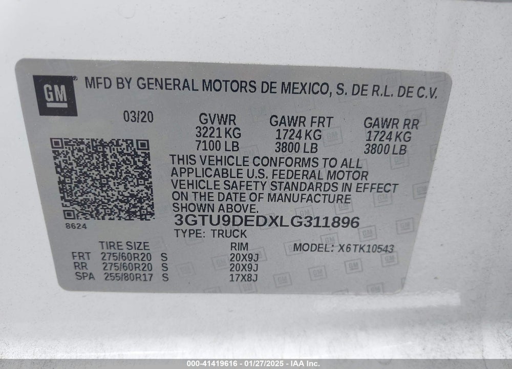 2020 GMC SIERRA VIN: 3GTU9DEDXLG311896