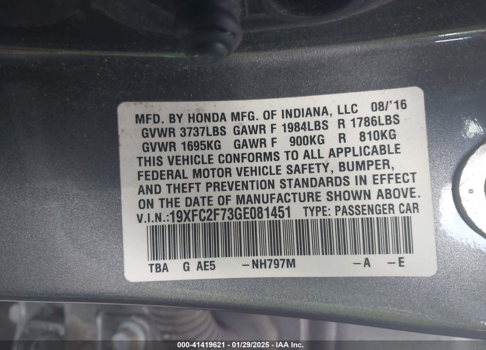 2016 HONDA CIVIC VIN: 19XFC2F73GE081451