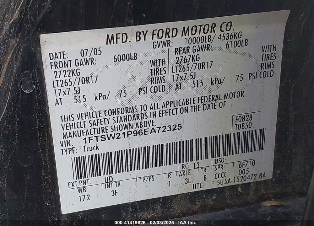 2006 FORD F-250 VIN: 1FTSW21P96EA72325