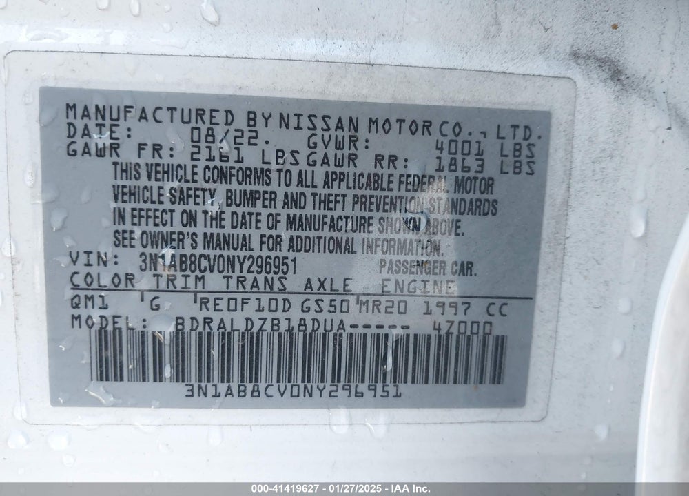 2022 NISSAN SENTRA VIN: 3N1AB8CV0NY296951