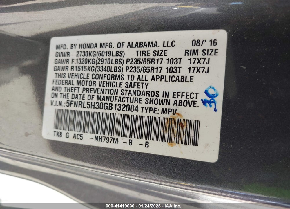 2016 HONDA ODYSSEY SE VIN: 5FNRL5H30GB132004