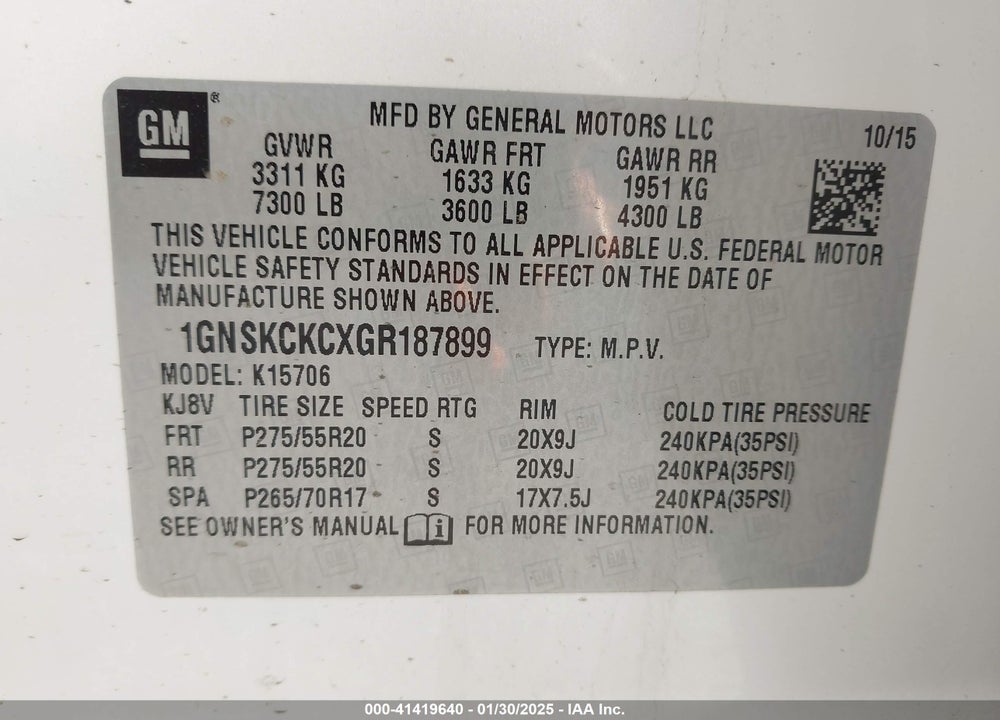 2016 CHEVROLET TAHOE LTZ VIN: 1GNSKCKCXGR187899