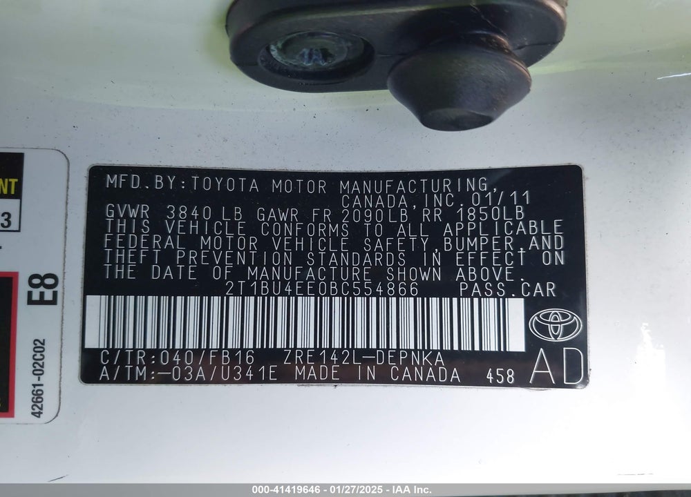 2011 TOYOTA COROLLA VIN: 2T1BU4EE0BC554866