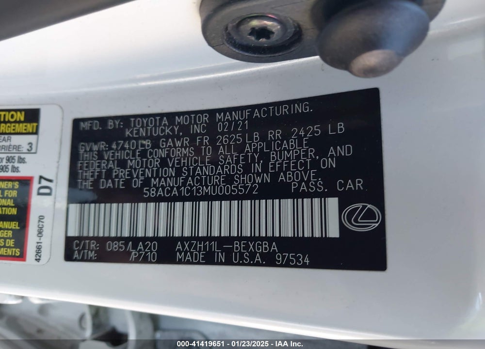 2021 LEXUS ES 300H VIN: 58ACA1C13MU005572