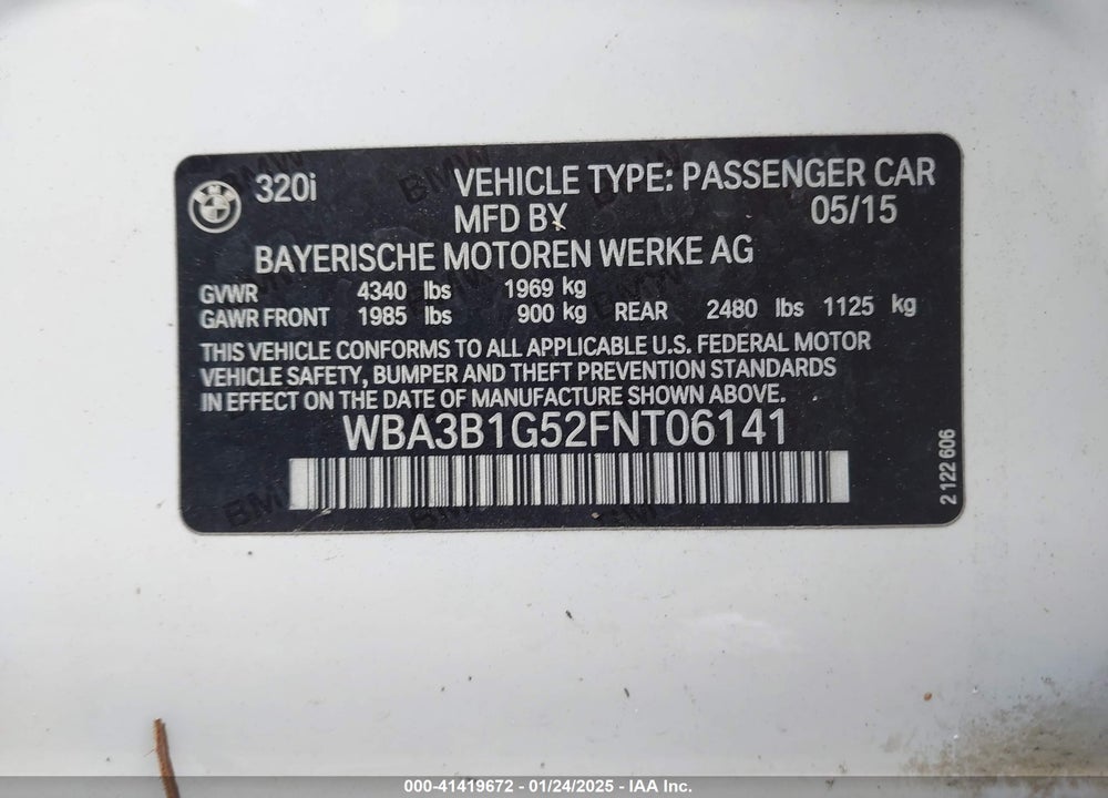 2015 BMW 320I VIN: WBA3B1G52FNT06141