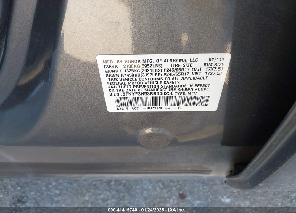 2011 HONDA PILOT EX-L VIN: 5FNYF3H53BB040256