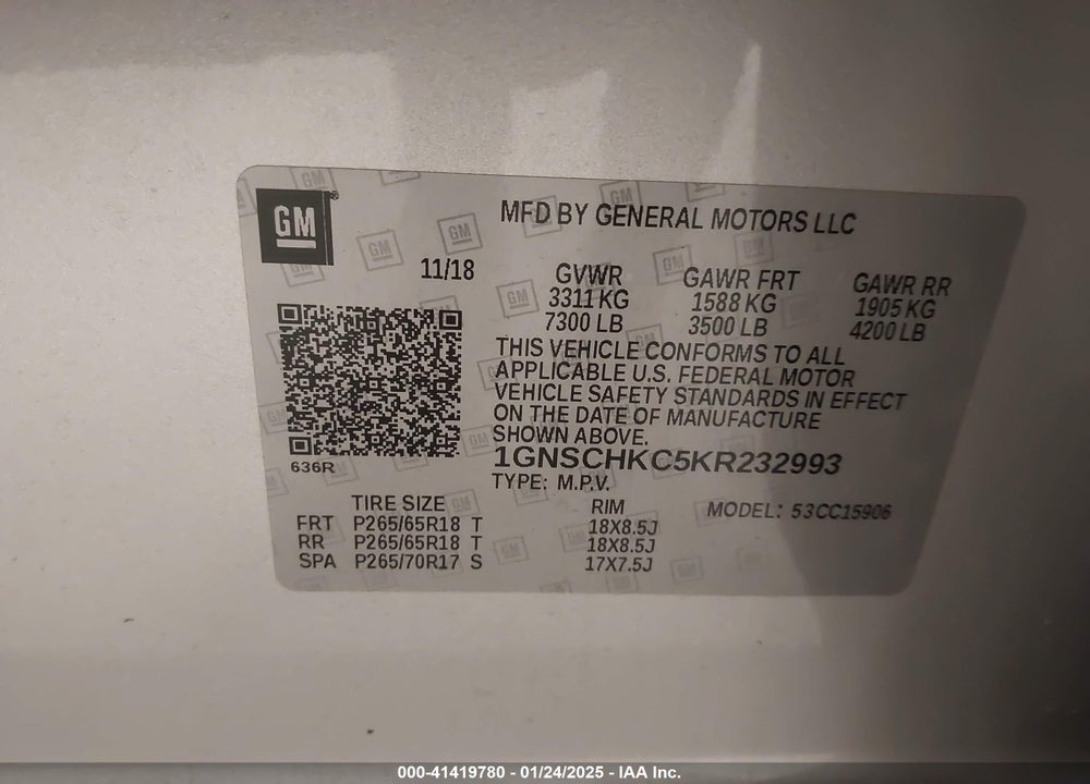 2019 CHEVROLET SUBURBAN LT VIN: 1GNSCHKC5KR232993