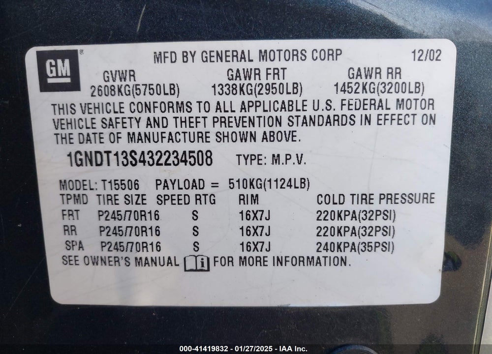 2003 CHEVROLET TRAILBLAZER LS VIN: 1GNDT13S432234508