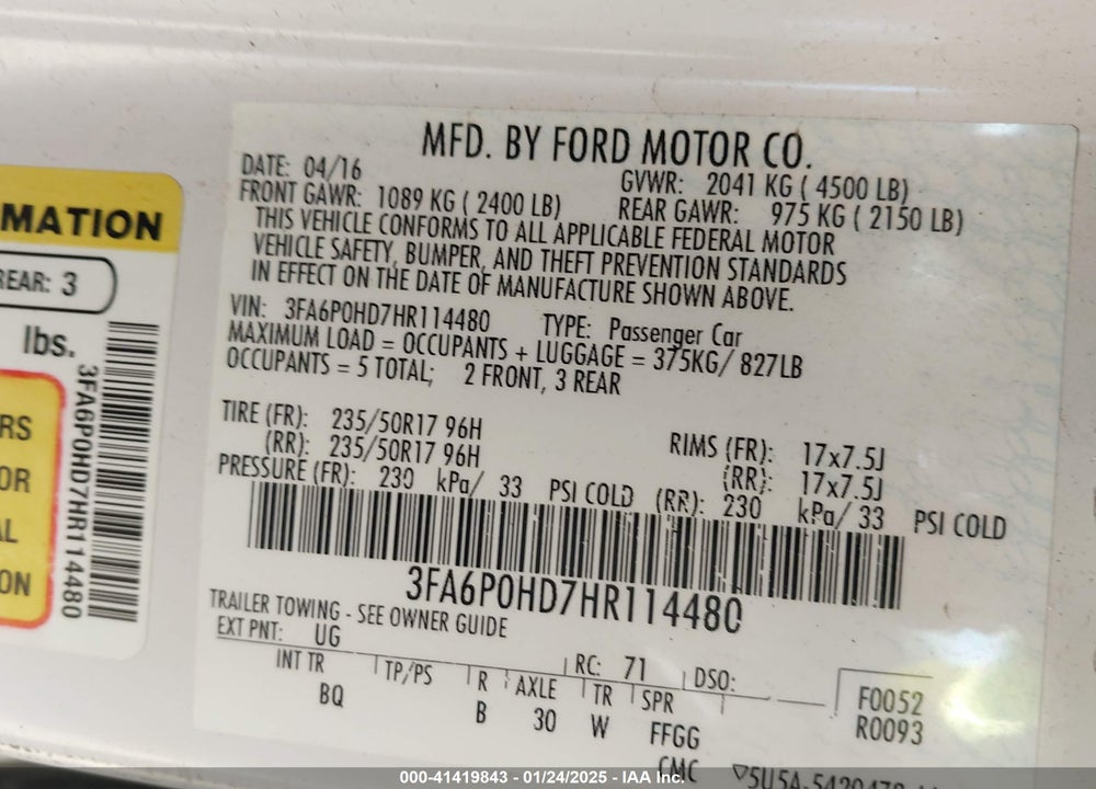 2017 FORD FUSION VIN: 3FA6P0HD7HR114480