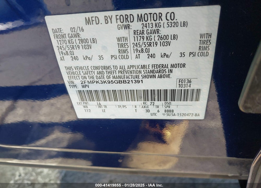 2016 FORD EDGE TITANIUM VIN: 2FMPK3K95GBB21391