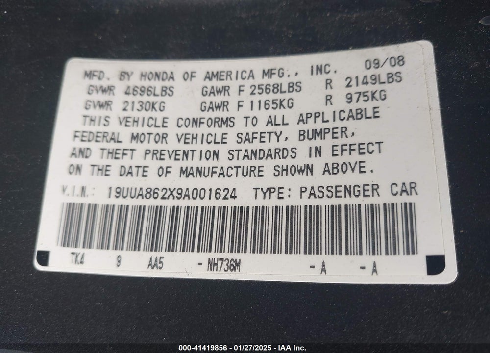2009 ACURA TL 3.5 VIN: 19UUA862X9A001624