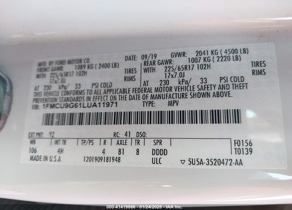 2020 FORD ESCAPE SE VIN: 1FMCU9G61LUA11971