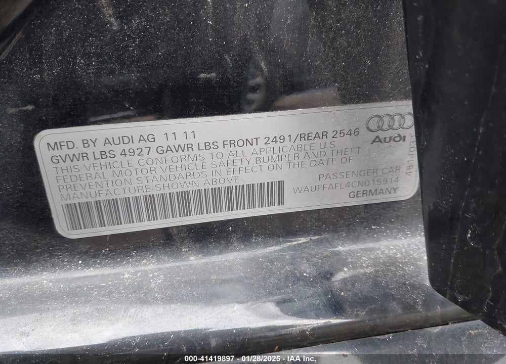 2012 AUDI A4 VIN: WAUFFAFL4CN015914