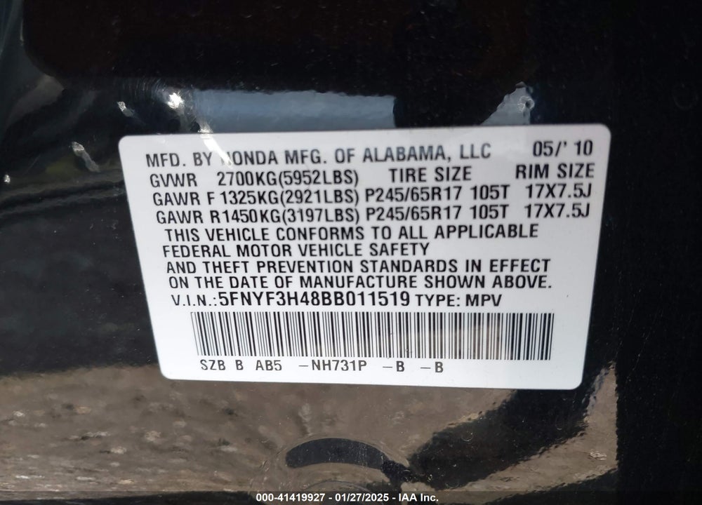 2011 HONDA PILOT EX VIN: 5FNYF3H48BB011519