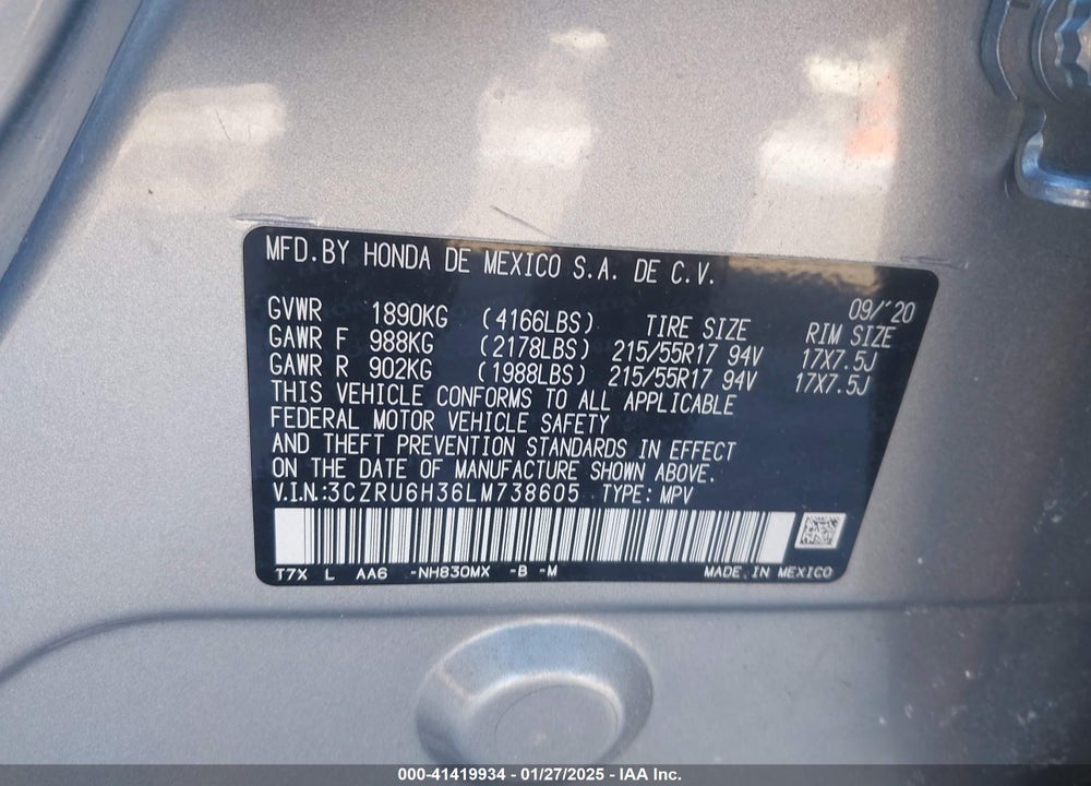 2020 HONDA HR-V AWD LX VIN: 3CZRU6H36LM738605