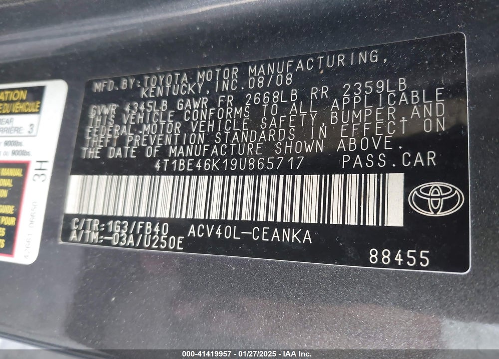 2009 TOYOTA CAMRY LE VIN: 4T1BE46K19U865717