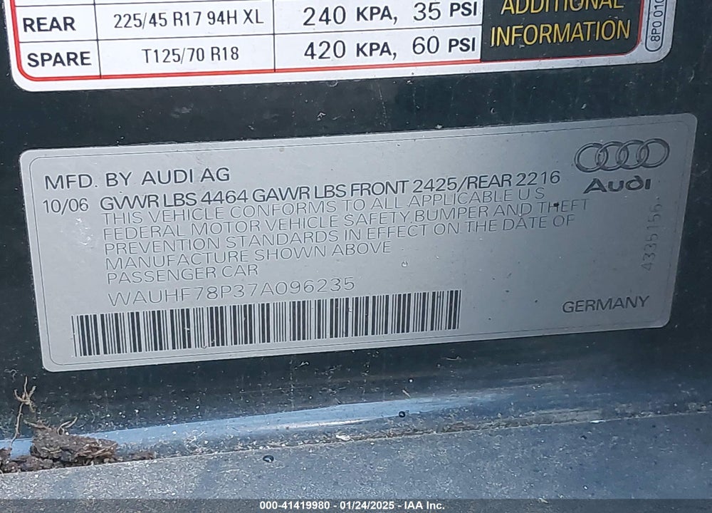 2007 AUDI A3 VIN: WAUHF78P37A096235