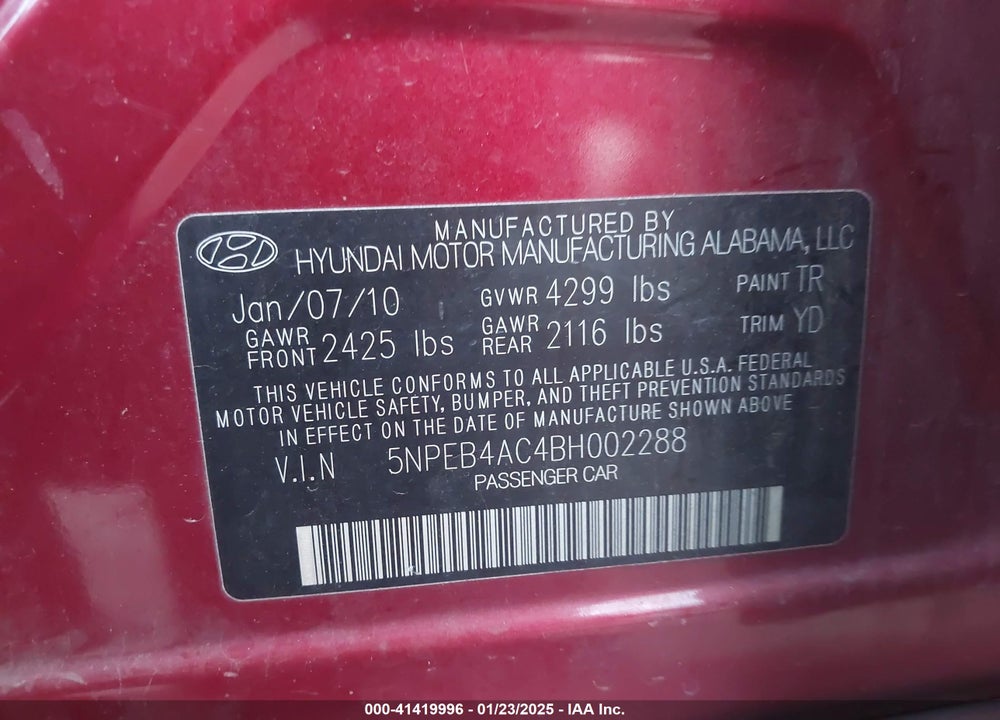 2011 HYUNDAI SONATA GLS VIN: 5NPEB4AC4BH002288