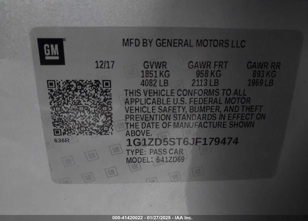 2018 CHEVROLET MALIBU VIN: 1G1ZD5ST6JF179474