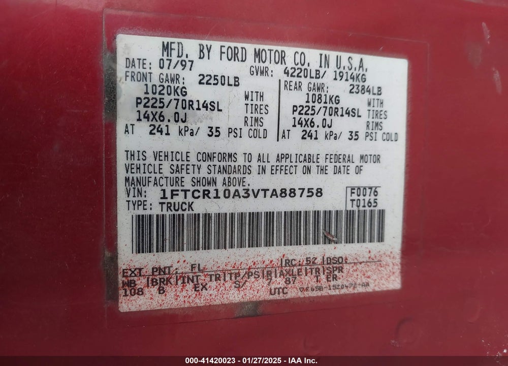 1997 FORD RANGER SPLASH/XL/XLT VIN: 1FTCR10A3VTA88758