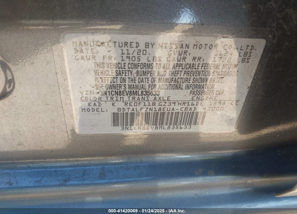 2021 NISSAN VERSA VIN: 3N1CN8EV8ML835633