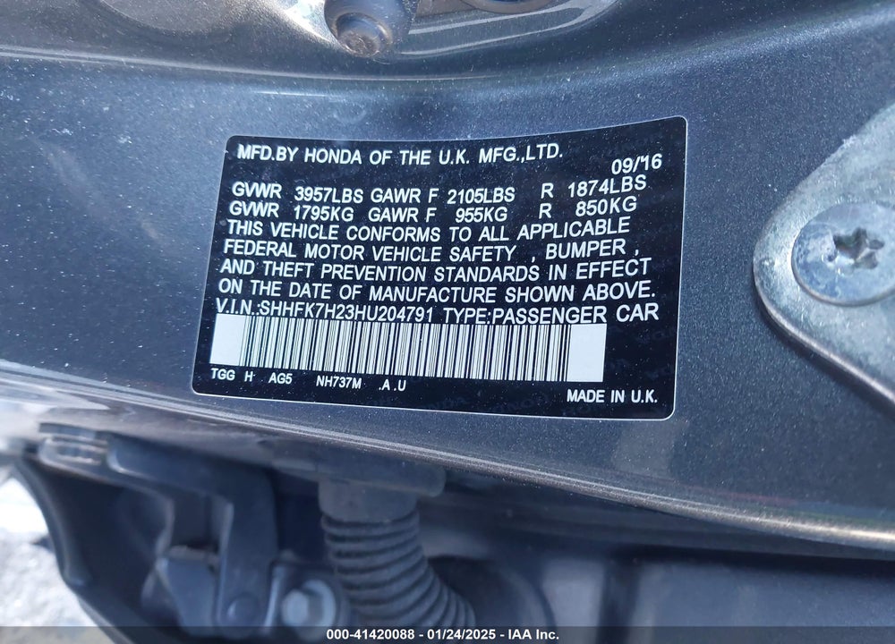 2017 HONDA CIVIC VIN: SHHFK7H23HU204791