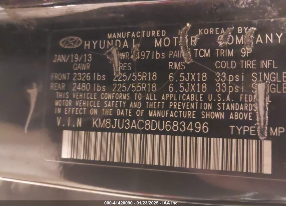 2013 HYUNDAI TUCSON LIMITED VIN: KM8JU3AC8DU683496