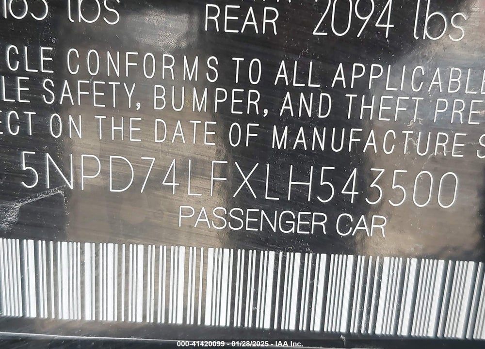 2020 HYUNDAI ELANTRA SE VIN: 5NPD74LFXLH543500