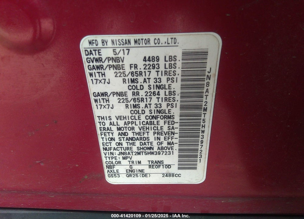 2017 NISSAN ROGUE VIN: JN8AT2MT5HW397231