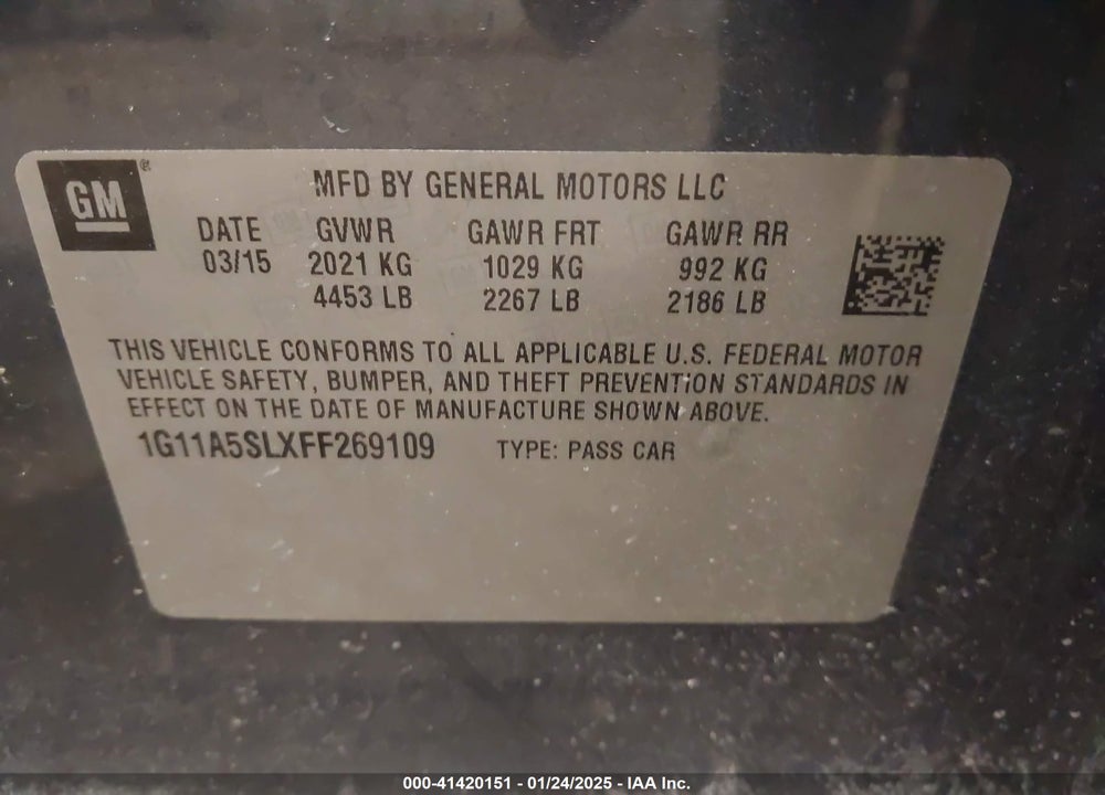 2015 CHEVROLET MALIBU 1FL VIN: 1G11A5SLXFF269109